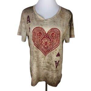 Ace of Hearts Women's XXL Playing Card Graphic V-Neck T-Shirt Tan Red